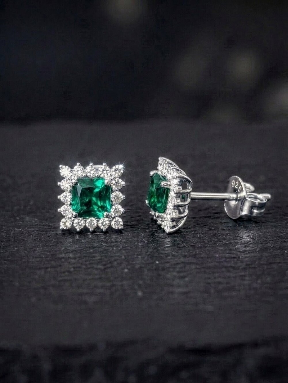 7mm Green Nano Emerald Square Halo Studs 18K Gold Vermeil 925 Silver | AAQuatif - Picture 4 of 9